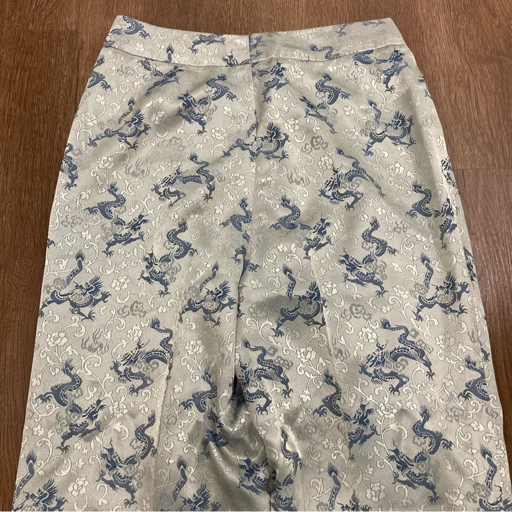 Women’s Dragon & Rose Light Green & Blue Patterned Pants High Waist Wide Leg - Picture 10 of 12